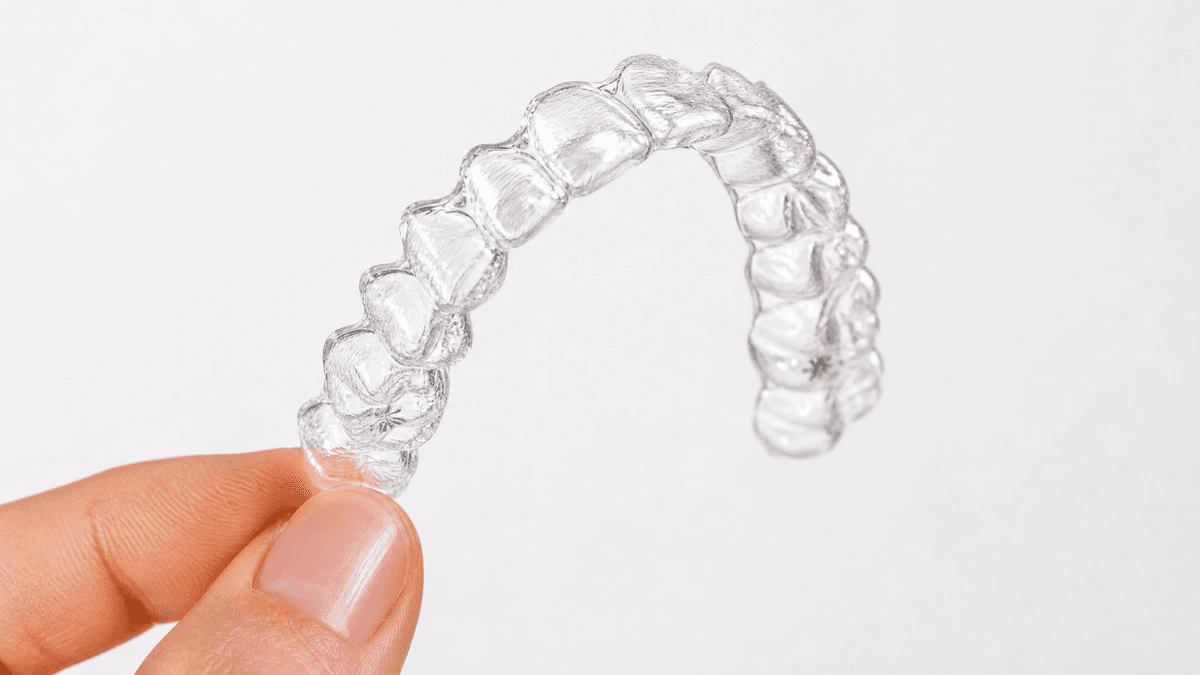 Alineador dental transparente sostenido sobre un fondo blanco