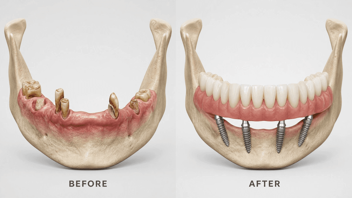 Representación 3D de una rehabilitación dental de arco completo con técnica All-on-4