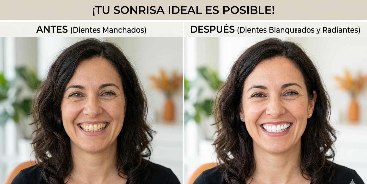 Comparación antes y después de blanqueamiento dental profesional, paciente sonriendo con confianza