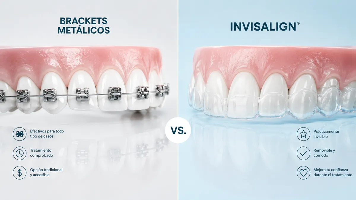 Composición dividida mostrando brackets metálicos a la izquierda y alineador Invisalign transparente a la derecha