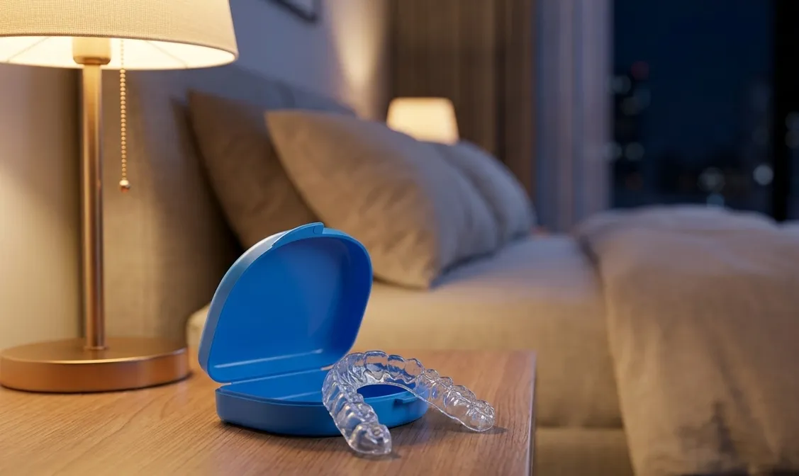 Plano de relajación dental (férula oclusal) sobre mesa de noche, ambiente nocturno tranquilo, fotografía de producto dental
