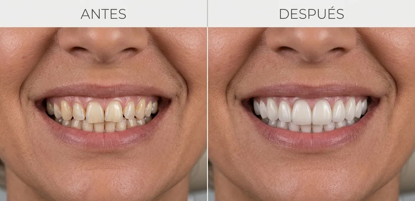 Antes y después de transformación de sonrisa con carillas dentales de porcelana, fotografía dental profesional