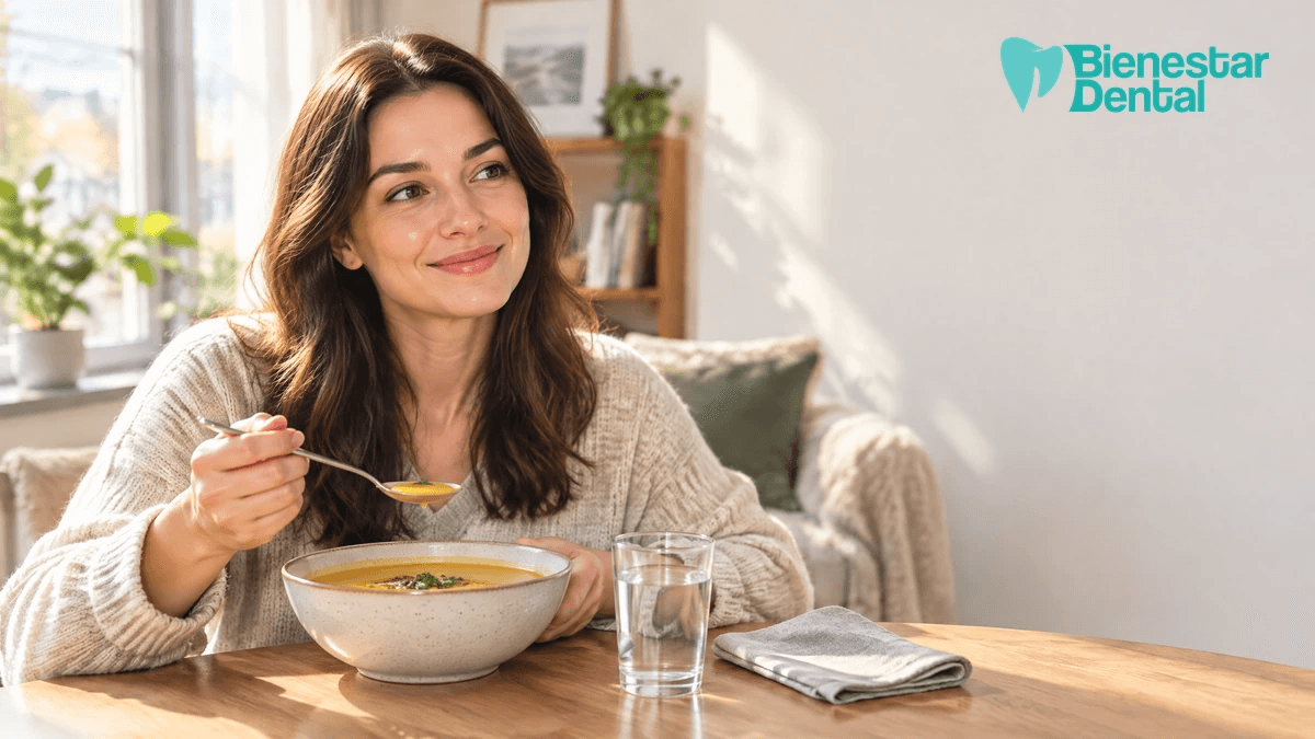 Persona comiendo alimentos blandos en casa durante la recuperación post endodoncia