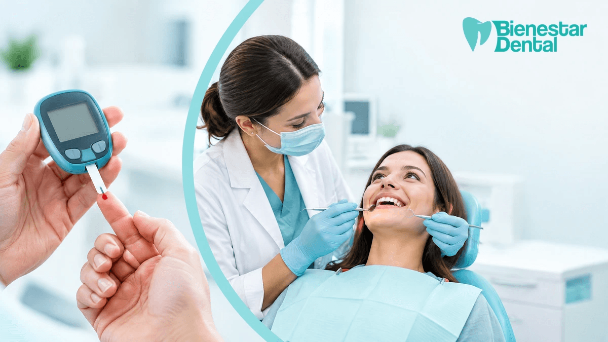 Imagen dividida: glucómetro de diabetes y revisión dental, conexión bidireccional entre salud
