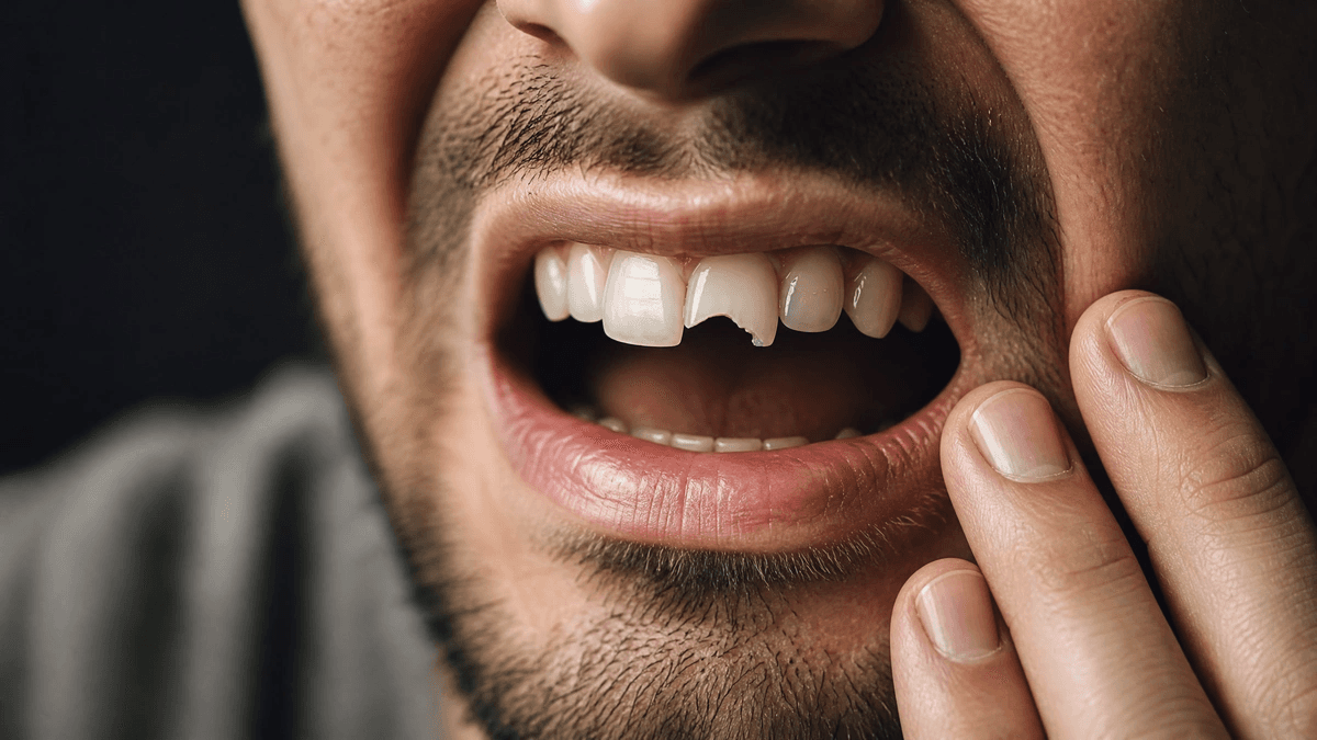 Fragmento de diente roto sobre superficie blanca, concepto de urgencia dental