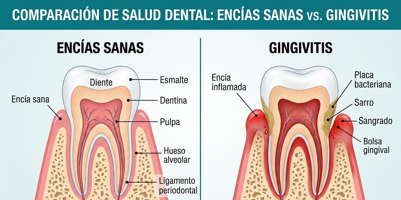 Ilustración comparativa mostrando encías sanas de color rosa versus encías inflamadas con gingivitis de color rojo