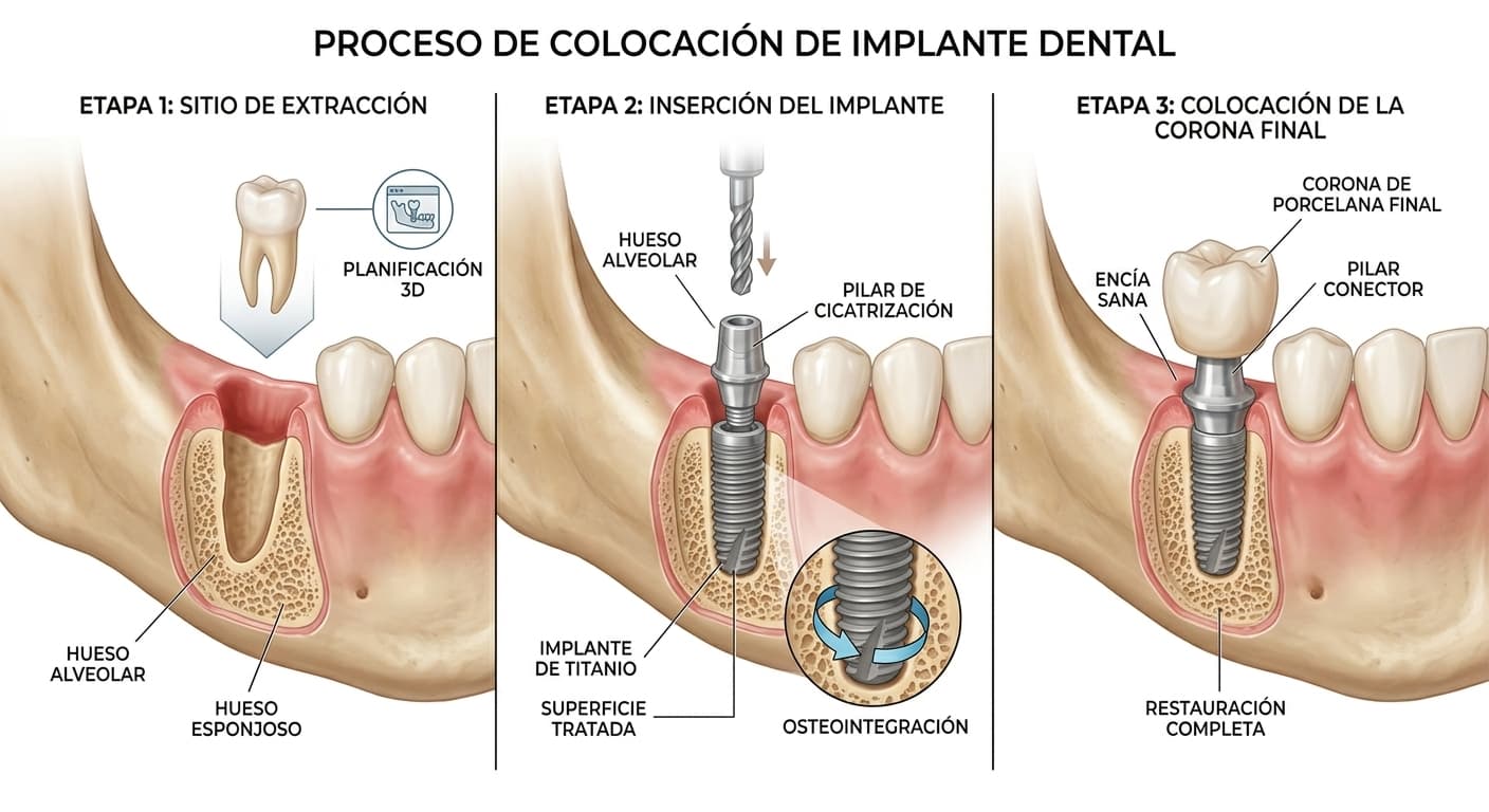 Ilustración 3D del procedimiento de implante dental en 3 etapas: extracción, inserción e implante con corona