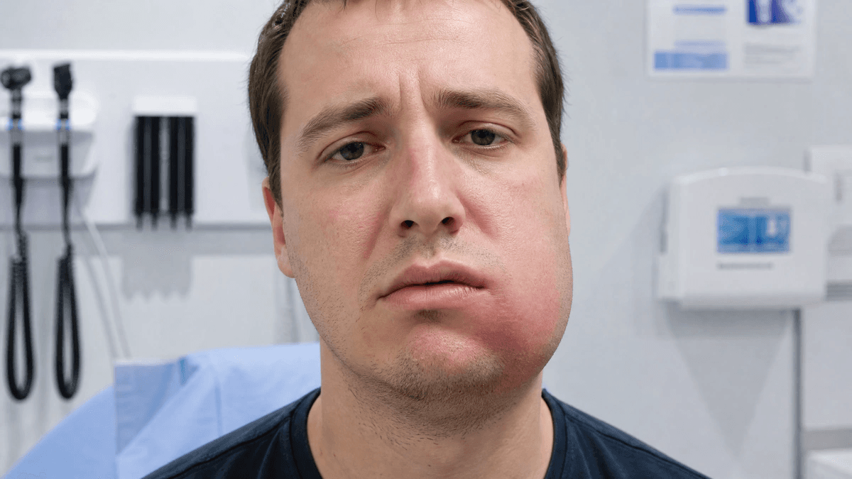 Persona con hinchazón visible en la mandíbula por una infección dental avanzada