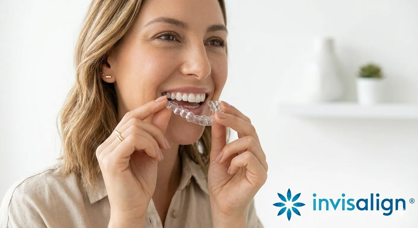Persona sosteniendo alineadores Invisalign transparentes junto a su sonrisa, fotografía moderna y profesional
