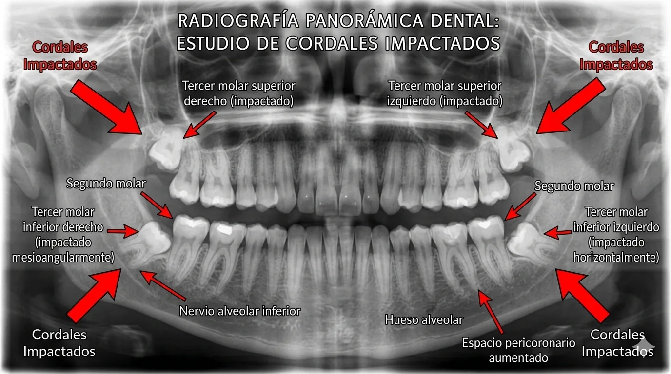 Radiografía panorámica mostrando muelas del juicio impactadas con anotaciones educativas