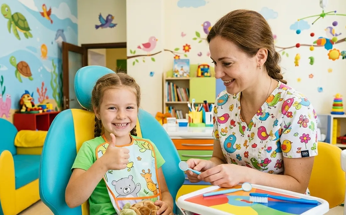 Niño feliz en sillón dental pediátrico dando pulgar arriba, dentista amigable mostrando herramientas en ambiente colorido