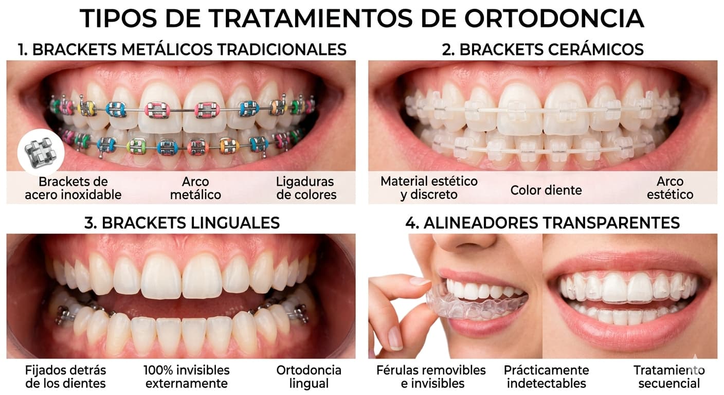 Diferentes tipos de ortodoncia: brackets metálicos, cerámicos, linguales y alineadores transparentes