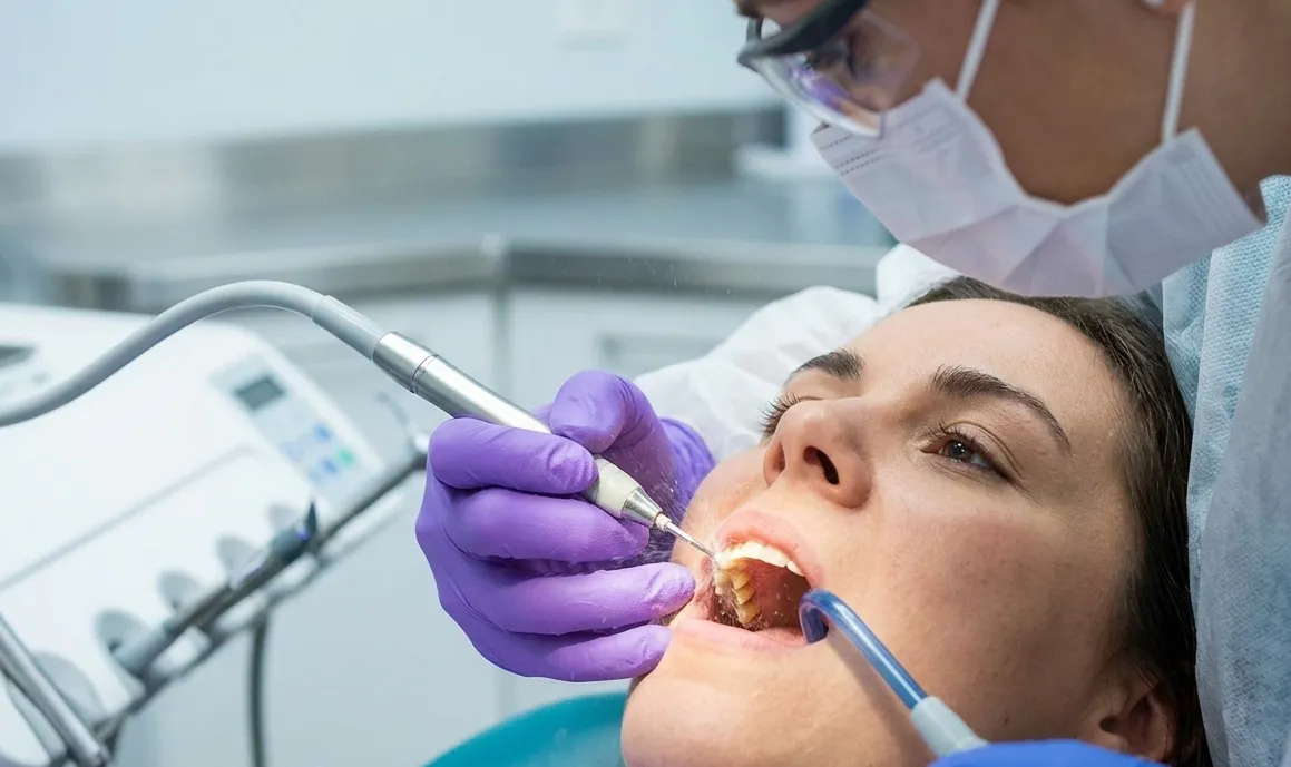 Higienista dental realizando limpieza profesional con scaler ultrasónico, fotografía clínica de remoción de placa y sarro