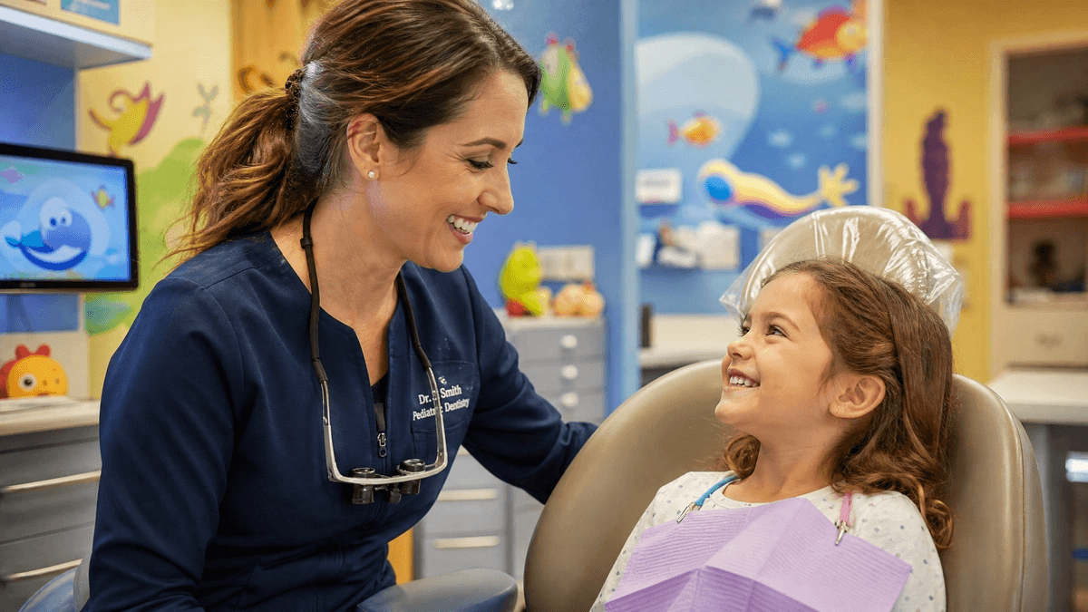 Odontopediatra atendiendo a un bebé en su primera visita dental
