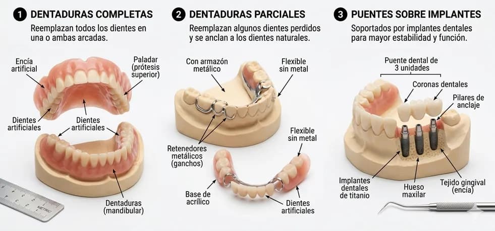 Exhibición de diferentes tipos de prótesis dentales: dentaduras completas, prótesis parciales removibles y puentes sobre implantes sobre fondo blanco