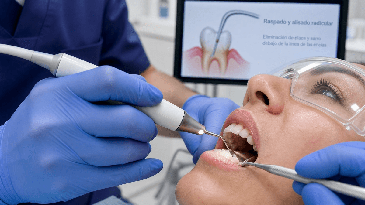 Periodoncista realizando raspado subgingival con ultrasonido