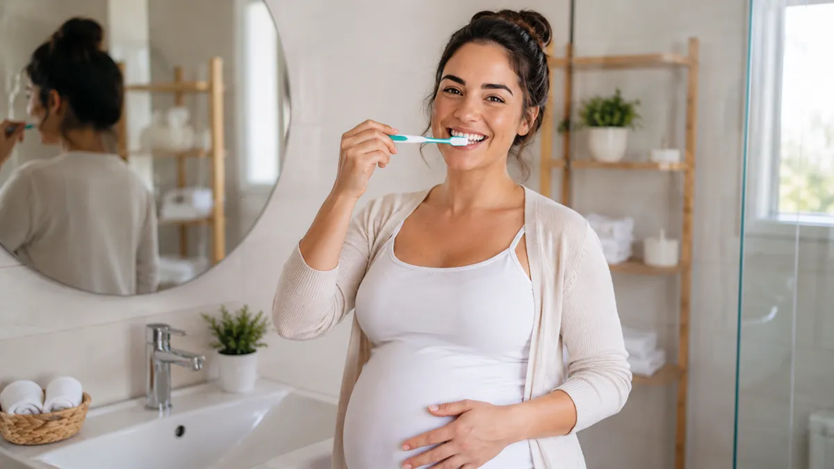 Embarazada sonriendo mientras cuida su salud dental