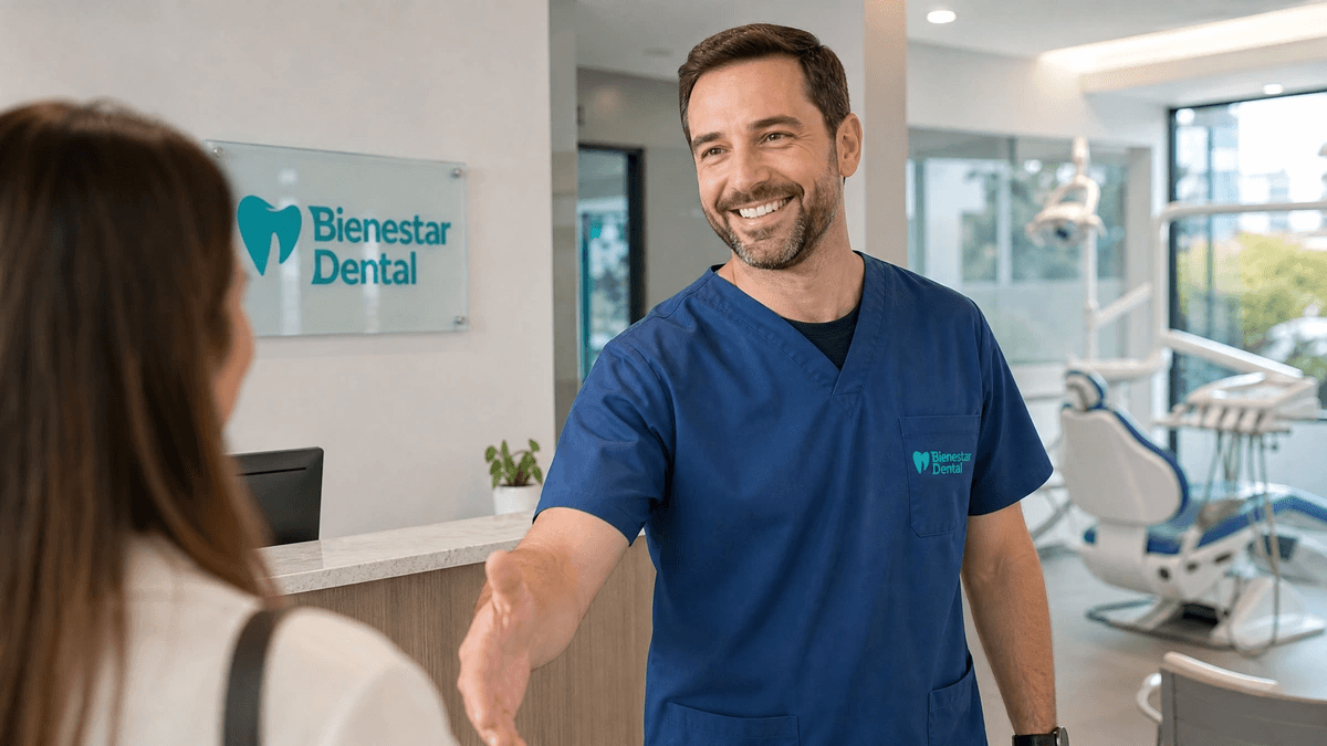 Dentista recibiendo amablemente a un paciente en una clínica dental moderna