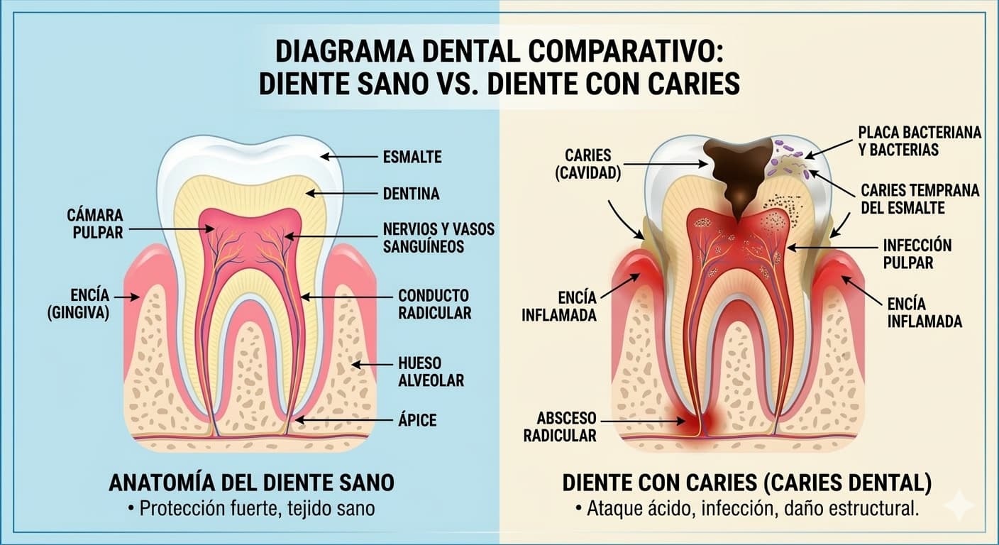 Comparación entre diente sano y diente con caries, diagrama dental educativo