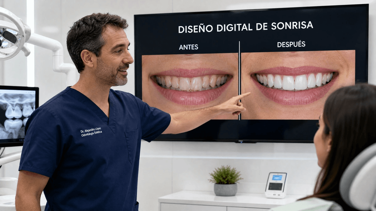 Dentista mostrando el diseño de sonrisa digital en pantalla a un paciente