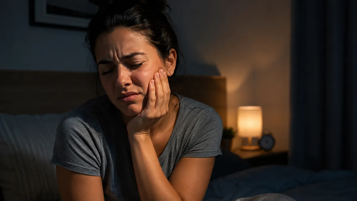 Persona sujetando la mejilla con dolor de muela en la oscuridad de la noche