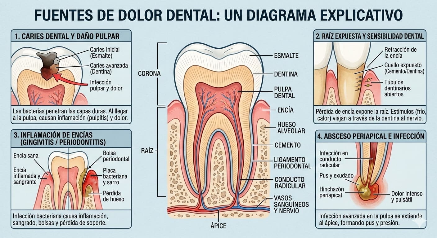 Ilustración médica de sección transversal de diente mostrando causas del dolor dental