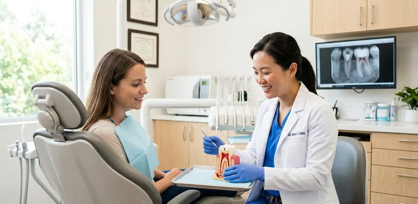 Dentista explicando el tratamiento de conducto (endodoncia) a un paciente con modelo dental