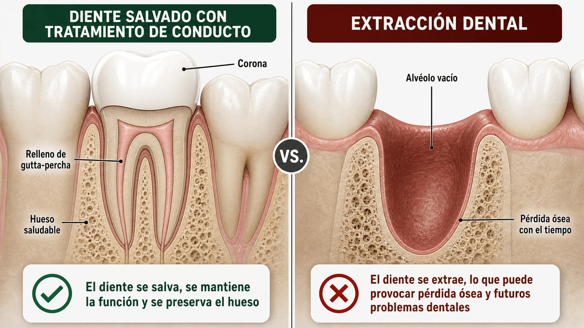 Comparación entre endodoncia para salvar el diente versus extracción dental
