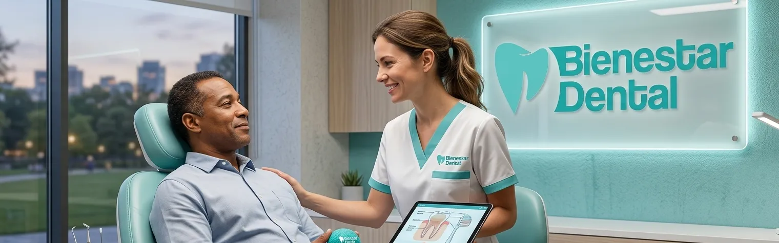 Paciente tranquilo en sillón dental moderno con dentista preparando la extracción, ambiente profesional y confiable