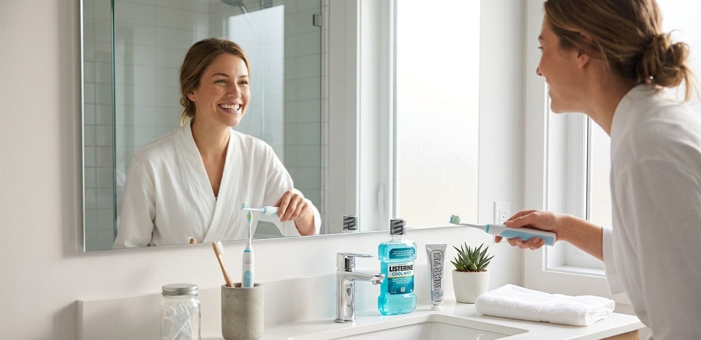 Rutina de higiene bucal con cepillo dental, hilo dental y enjuague bucal sobre fondo claro