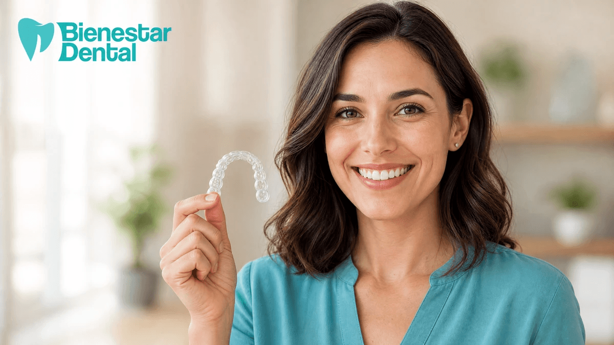 Adulta sonriendo con alineadores transparentes de ortodoncia