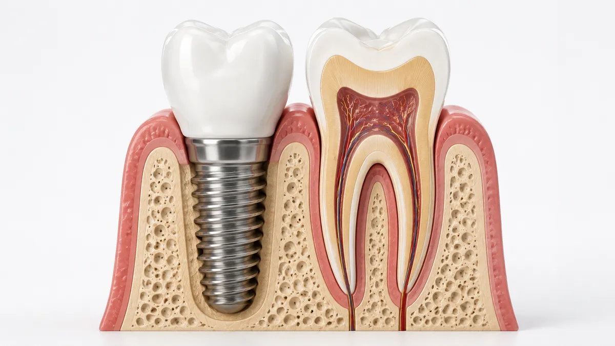 Implante dental de titanio junto a corte transversal de diente natural en estudio clínico blanco