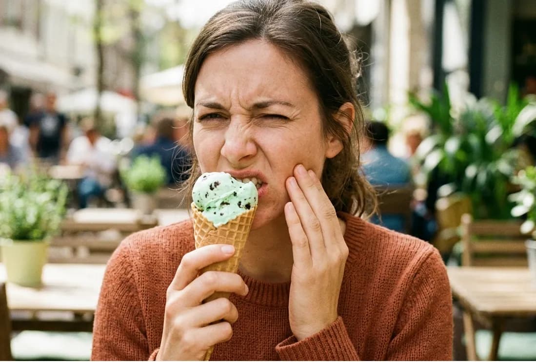 Persona con gesto de dolor al tomar una bebida fría, mostrando sensibilidad dental