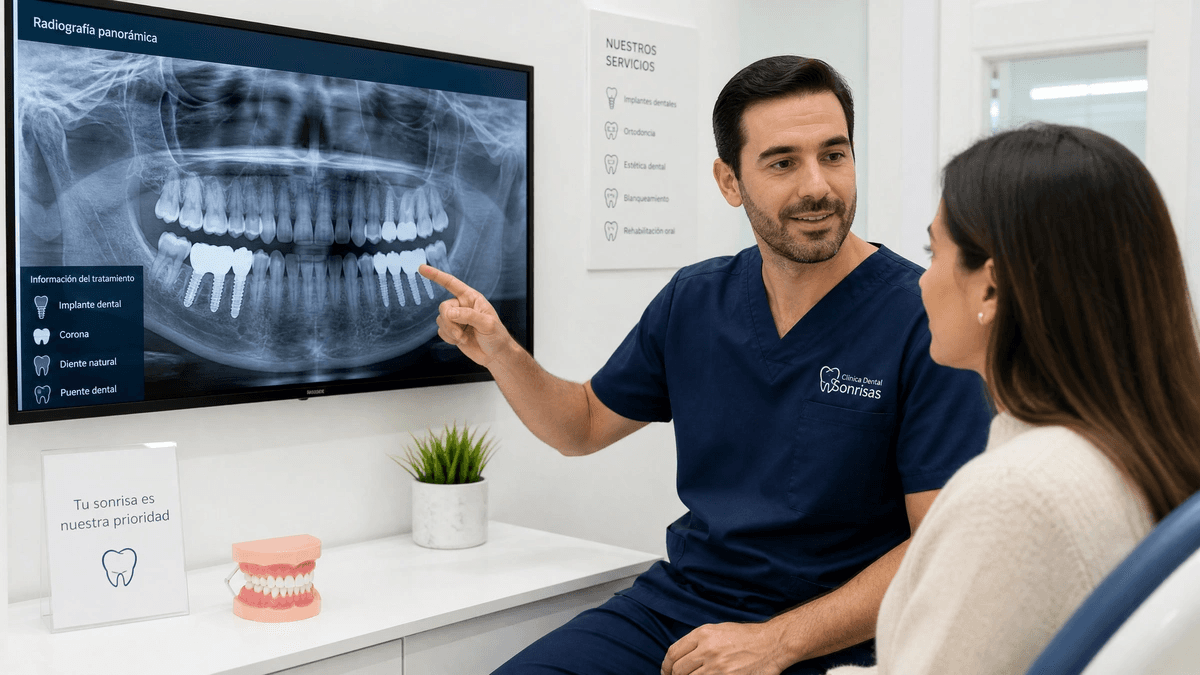 Dentista explicando radiografías de implantes dentales a un paciente en consulta