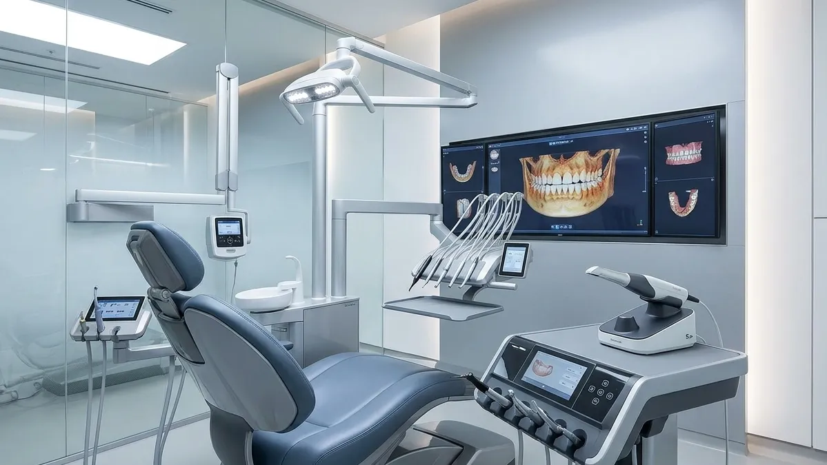 Equipos de tecnología dental moderna: escáner intraoral 3D y pantalla de imágenes digitales